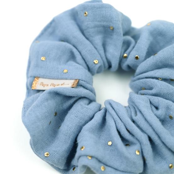 Scrunchie gaze pois or bleu baltique