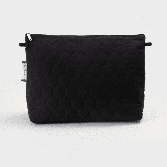 Cosmetic bag with flap black hexagonal quilt