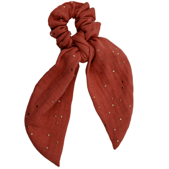 Short tail scrunchie gaze pois or rose blush
