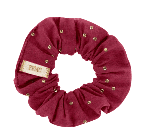 Small scrunchie gaze pois or grenat