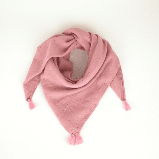 Small pom pom scarf gaze pois or rose thé