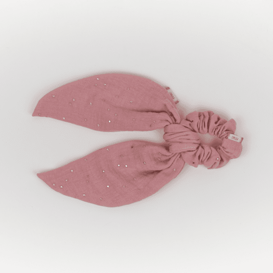 Short tail scrunchie gaze pois or rose thé