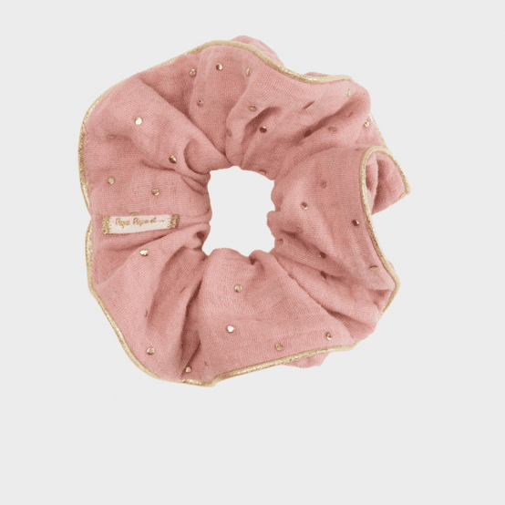 Large Piping Scrunchie gaze pois or rose thé