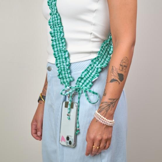 Ruffled phone strap green mint gingham