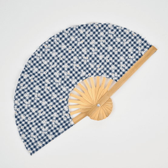 Hand-held fan navy embroidered gingham