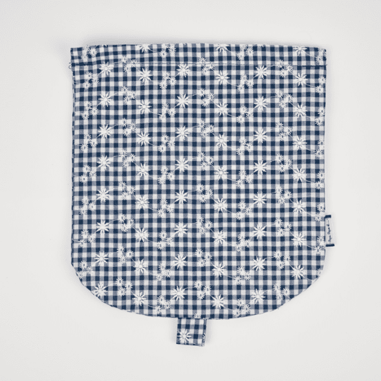 Flap of small shoulder bag navy embroidered gingham