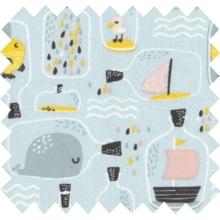 Cotton fabric pink yellow bottles ine the sea