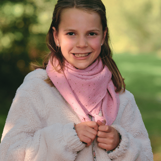 Small pom pom scarf gaze pois or rose thé