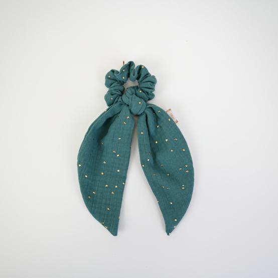 Short tail scrunchie gaze pois or eucalyptus