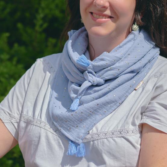 Pom pom scarf gaze pois or bleu baltique