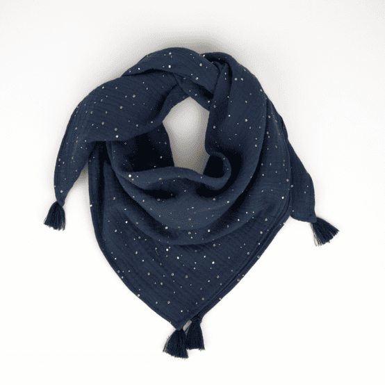 Small pom pom scarf gaze pois or marine