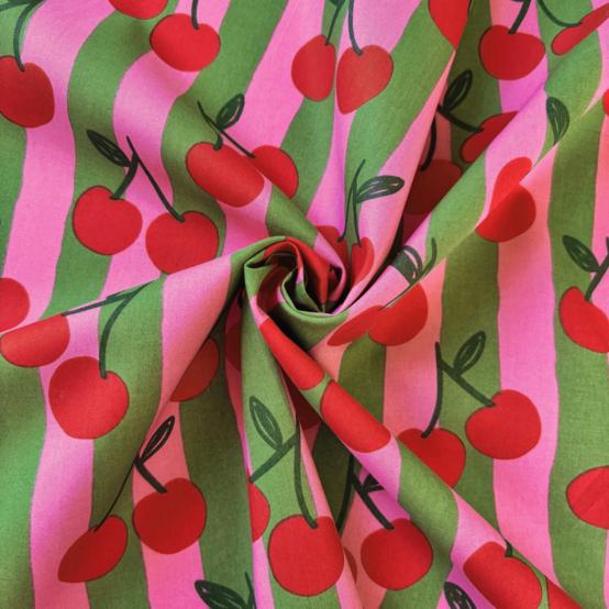 Cotton fabric ex2623 pink green striped cherries