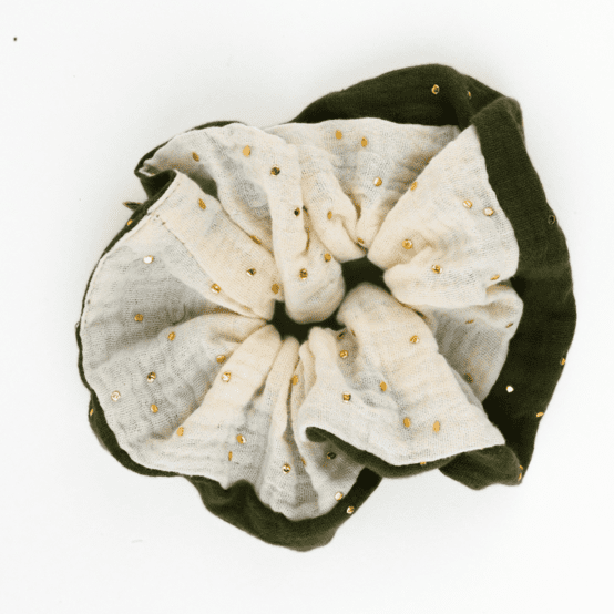 Large Two-Tone Scrunchie gaze pois or kaki - écru