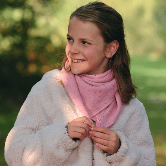 Small pom pom scarf gaze pois or rose thé