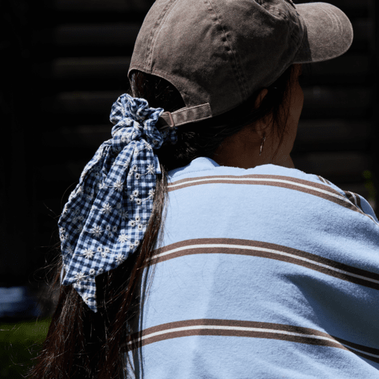 Short tail scrunchie navy embroidered gingham