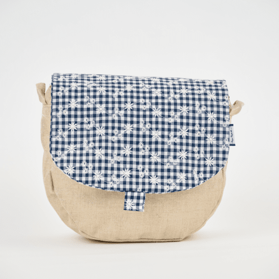 Flap of small shoulder bag navy embroidered gingham