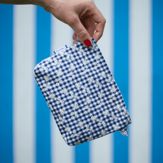 Tiny coton clutch bag navy embroidered gingham