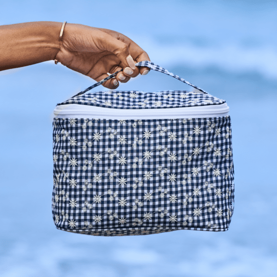 Large vanity navy embroidered gingham