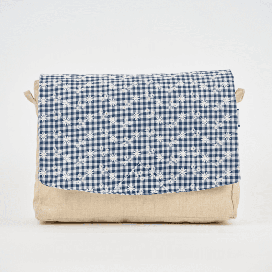 Square flap of saddle bag  navy embroidered gingham
