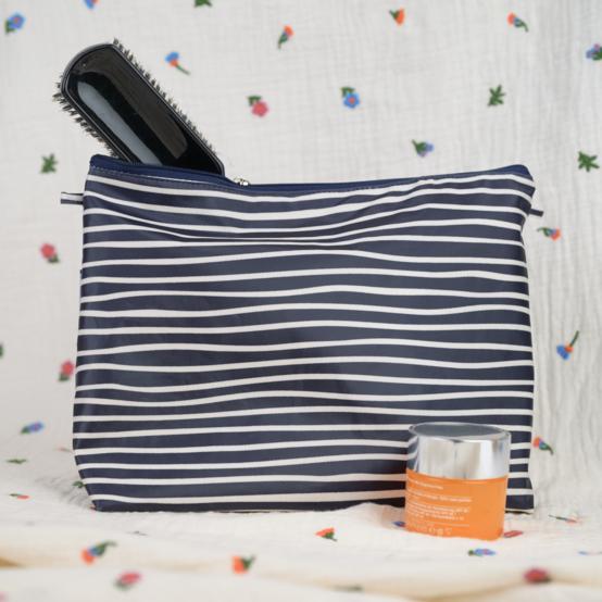 Cosmetic bag with flap striped  ivory navy