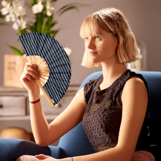 Hand-held fan striped silver dark blue