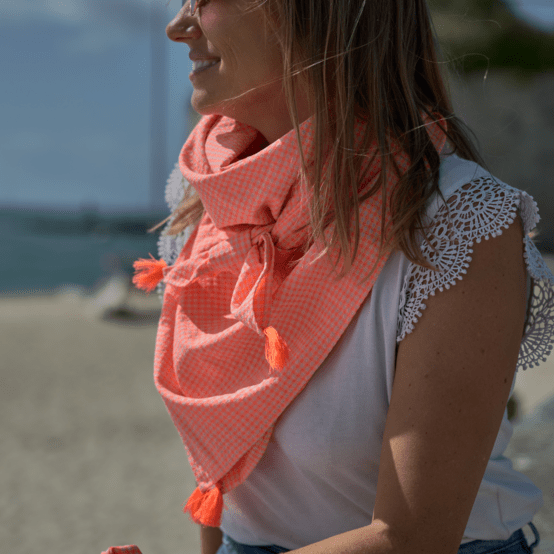 Pom pom scarf neon orange gingham