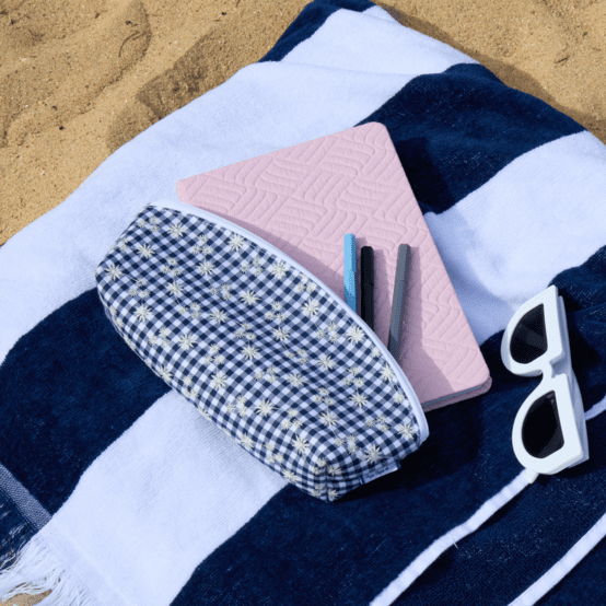 Pencil case navy embroidered gingham
