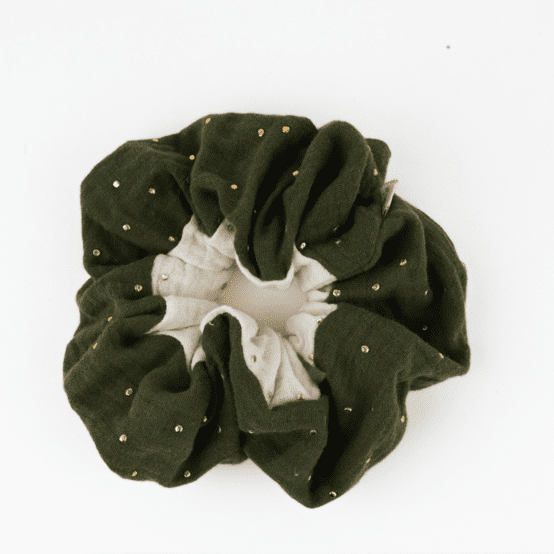 Large Two-Tone Scrunchie gaze pois or kaki - écru