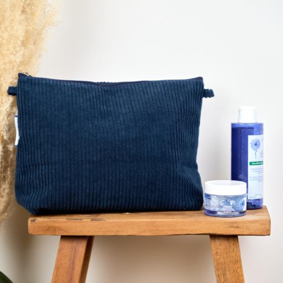 Cosmetic bag with flap large navy orduroy 