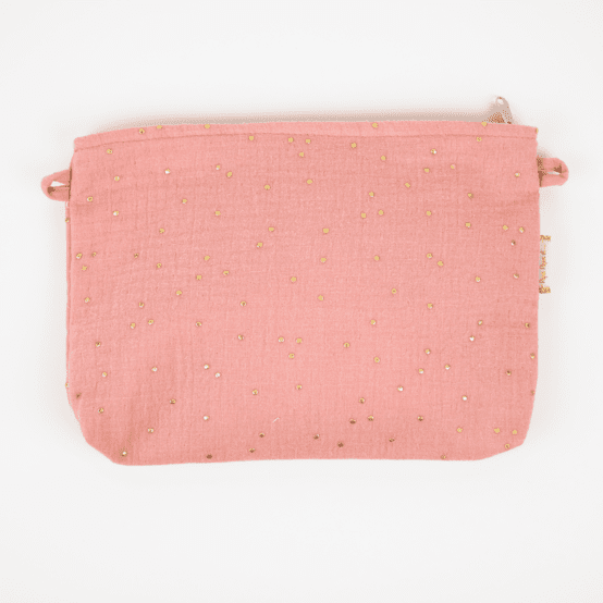 Coton clutch bag gaze pois or rose thé