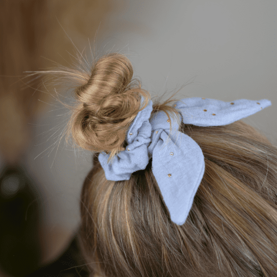 Bunny ear Scrunchie gaze pois or bleu baltique