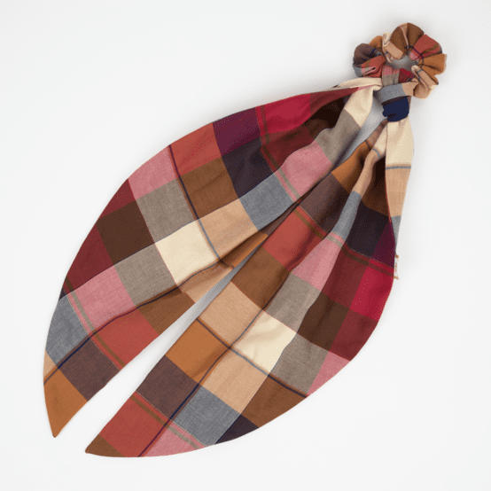 Long tail scrunchie ruby lurex tartan