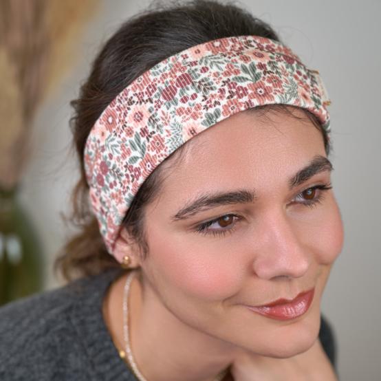 Stretch jersey headband  rust flowers ribbed jersey
