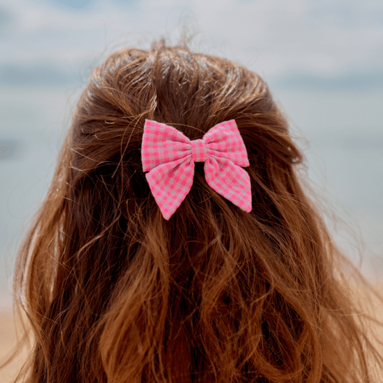 Bow tie hair slide neon pink gingham