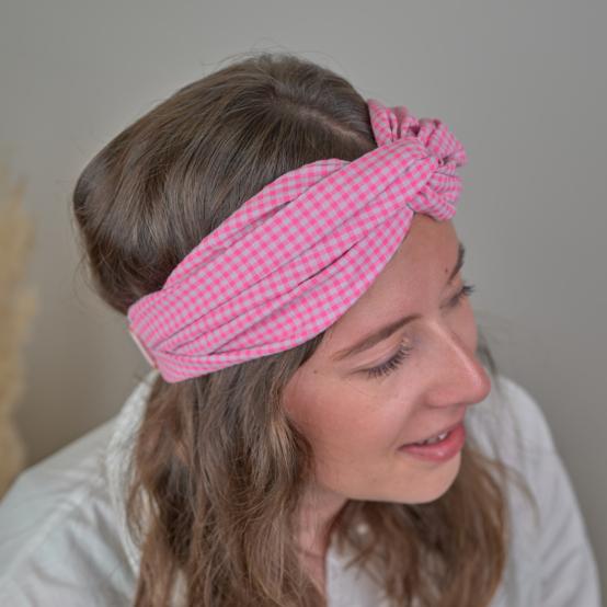 crossed headband neon pink gingham