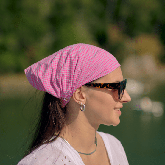 Headscarf headband- Adult size neon pink gingham