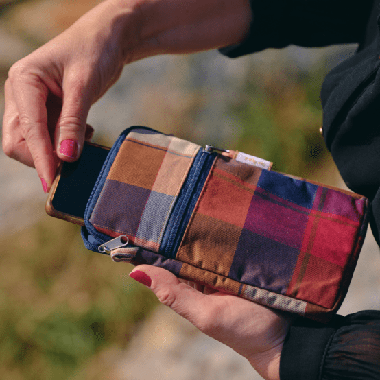 Quilted phone pocket ruby lurex tartan