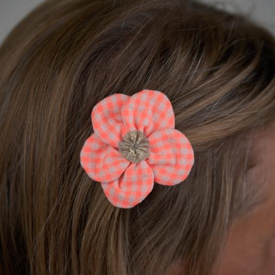 Flower petal hair slide small  neon orange gingham