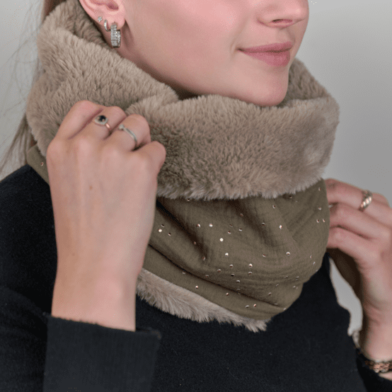 Adult Fur scarf snood gaze pois or kaki