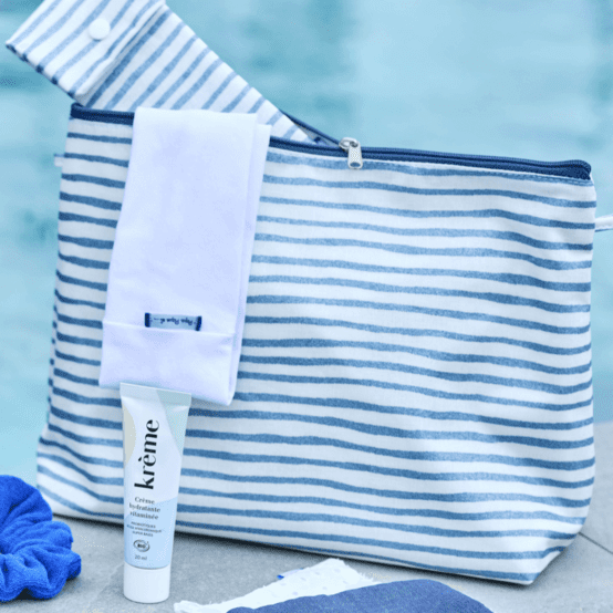 Cosmetic bag with flap striped blue gray glitter