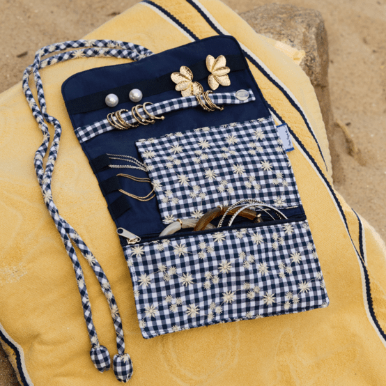 Jewelry pouch navy embroidered gingham