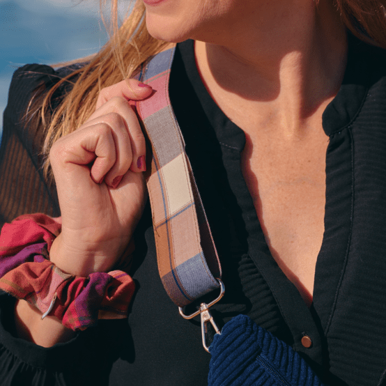 Narrow shoulder strap ruby lurex tartan