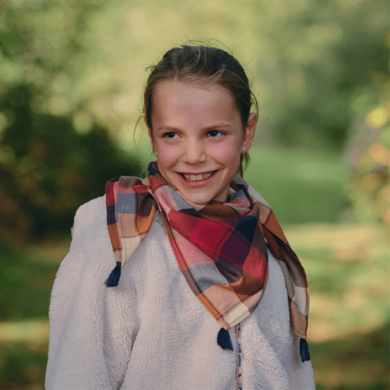 Small pom pom scarf ruby lurex tartan