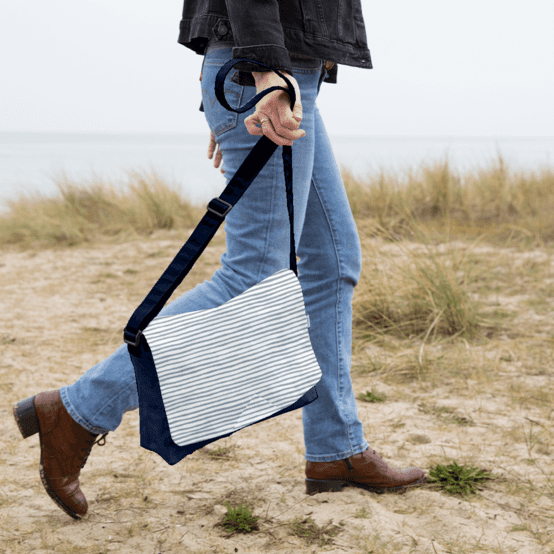 Square flap of saddle bag  striped blue gray glitter
