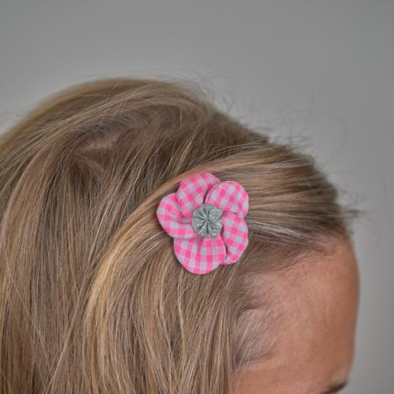 Mini Flower petal hair slide neon pink gingham