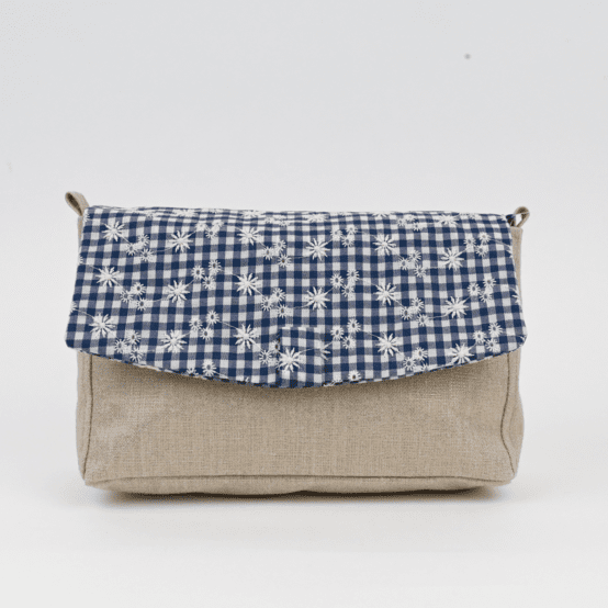 Flap of shoulder bag navy embroidered gingham