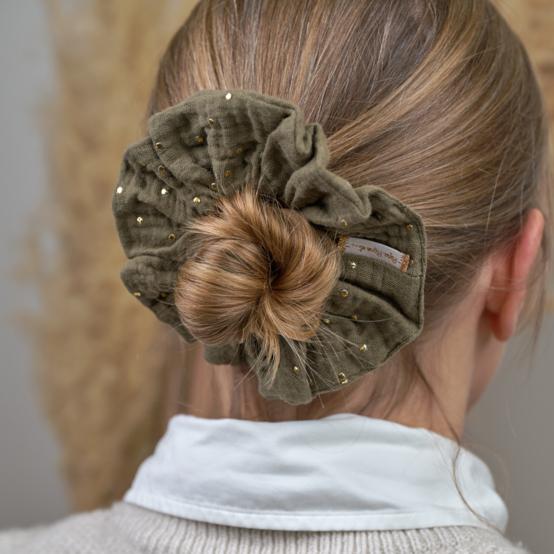 Scrunchie gaze pois or kaki