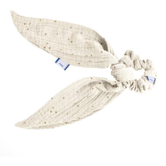 Short tail scrunchie gaze pois or écru