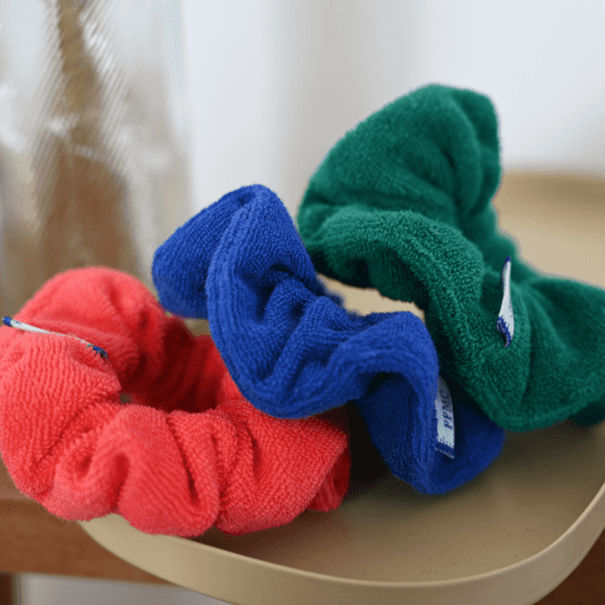 Small scrunchie flashy green terry towelling