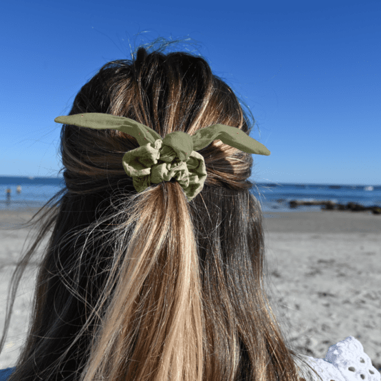 Bunny ear Scrunchie almond green with golden dots gauze